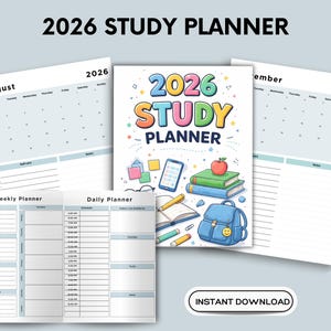 Könnte beinhalten: Ein farbenfroher 2026 Study Planner mit einer Cartoon-Illustration von Büchern, einem Rucksack und einem Smartphone. Der Planer enthält monatliche, wöchentliche und tägliche Layouts. Der Text "2026 Study Planner" steht oben und "Instant Download" unten.