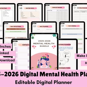 2025 Mental Health Planner Bundle, Self-Care Digital Journal, Printable Therapy and Wellness Templates, Mental Health Planner, Mental Health