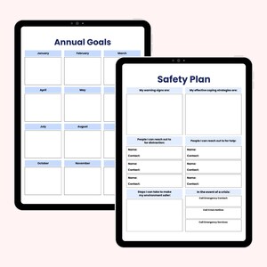 May include: Two black tablets displaying planning templates. One tablet shows "Annual Goals" with monthly sections. The other tablet displays a "Safety Plan" with sections for warning signs, coping strategies, and emergency contacts.