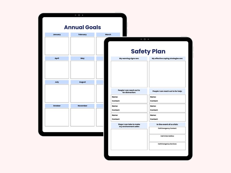 May include: Two black tablets displaying planning templates. One tablet shows "Annual Goals" with monthly sections. The other tablet displays a "Safety Plan" with sections for warning signs, coping strategies, and emergency contacts.
