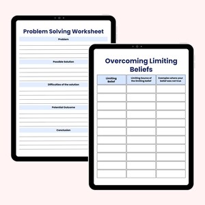 May include: Two black tablets displaying worksheets. One tablet shows a "Problem Solving Worksheet" with sections for problem, solution, and conclusion. The other tablet displays an "Overcoming Limiting Beliefs" worksheet with sections for limiting belief and examples.