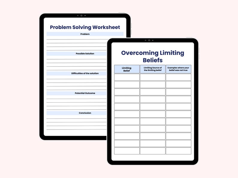 May include: Two black tablets displaying worksheets. One tablet shows a "Problem Solving Worksheet" with sections for problem, solution, and conclusion. The other tablet displays an "Overcoming Limiting Beliefs" worksheet with sections for limiting belief and examples.