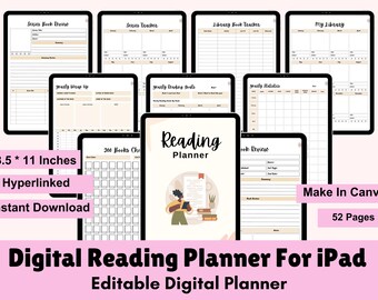May include: Digital reading planner for iPad, featuring various templates like series trackers, book reviews, and yearly goals. The planner is 8.5 x 11 inches, hyperlinked, and an instant download. The image also includes the text "Make in Canva" and "52 Pages".