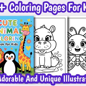 May include: A children's coloring book with a cover featuring a lion, penguin, and giraffe. The book is titled "Cute Animal Coloring Book for Kids" and includes 44 adorable illustrations. The text "44+ Coloring Pages For Kids" is at the top.