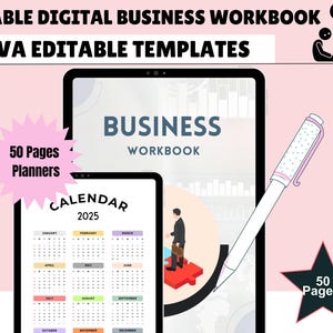 Könnte beinhalten: Digitales Business-Workbook mit Canva-editierbaren Vorlagen. Das Bild zeigt ein Tablet mit "Business Workbook" und ein kleineres Tablet mit einem Kalender für 2025. Ein Stift und ein Stern mit "50 Pages" sind ebenfalls zu sehen. Der Hintergrund ist hellrosa.