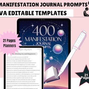 Könnte beinhalten: Werbung für ein digitales Manifestationsjournal mit 400 Impulsen. Das Bild zeigt ein Tablet mit dem Cover des Journals, einen kleineren Bildschirm mit Beispielaufforderungen und einen Stift. Der Text lautet "400 Manifestation Journal Prompts" und "Canva Editable Templates."