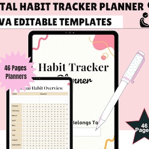 Könnte beinhalten: Digitaler Gewohnheitstracker-Planer mit Canva-editierbaren Vorlagen. Das Bild zeigt ein Tablet und ein kleineres Gerät, das einen Gewohnheitstracker anzeigt. Ein Stift ist diagonal über dem Bild positioniert. Der Text enthält "46 Pages Planners" und "Habit Tracker Planner".