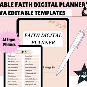 Könnte beinhalten: Digitaler Glaubensplaner mit rosa Hintergrund. Der Planer umfasst 44 Seiten und ist in Canva bearbeitbar. Das Bild zeigt ein Tablet und ein Telefon, die den Index des Planers und einen Stift anzeigen.