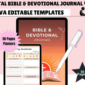 Könnte beinhalten: Digitale Bibel- und Andachtsjournal Canva editierbare Vorlagen. Das Bild zeigt ein Tablet und ein Telefon mit Journalseiten. Ein Stift ist über das Bild abgewinkelt. Der Text enthält "50 Pages Planners" und "Bible & Devotional Journal".