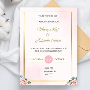 Blush Pink Minimalist Floral Wedding Invitation, Minimalist Rose Pink Wedding, Romantic Botanical Wedding Invite Set, Editable Template