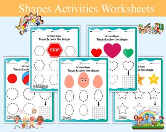 Printable Draw the Shape, Learn Shapes, Shape Tracing, Shape Drawing, Shape Coloring, Shape Practice Sheets, Geometric Shapes Activity