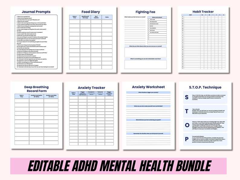 May include: A collection of printable mental health worksheets and trackers, including a food diary, habit tracker, and anxiety tracker. The pages are white with blue headers and text. The bottom of the image reads "EDITABLE ADHD MENTAL HEALTH BUNDLE."