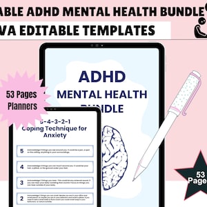 Könnte beinhalten: Ein ADHD Mental Health Bundle mit Canva-editierbaren Vorlagen. Das Bild zeigt ein Tablet und ein kleineres Gerät mit dem Text "ADHD Mental Health Bundle" und "Coping Technique for Anxiety". Ein Stift und ein Stern mit "53 Seiten" sind ebenfalls sichtbar.