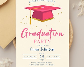 Graduation Party Invitation, Class of 2025 Invite, Blue Graduation Announcement, Self-Editable Digital Download, Printable Grad Card
