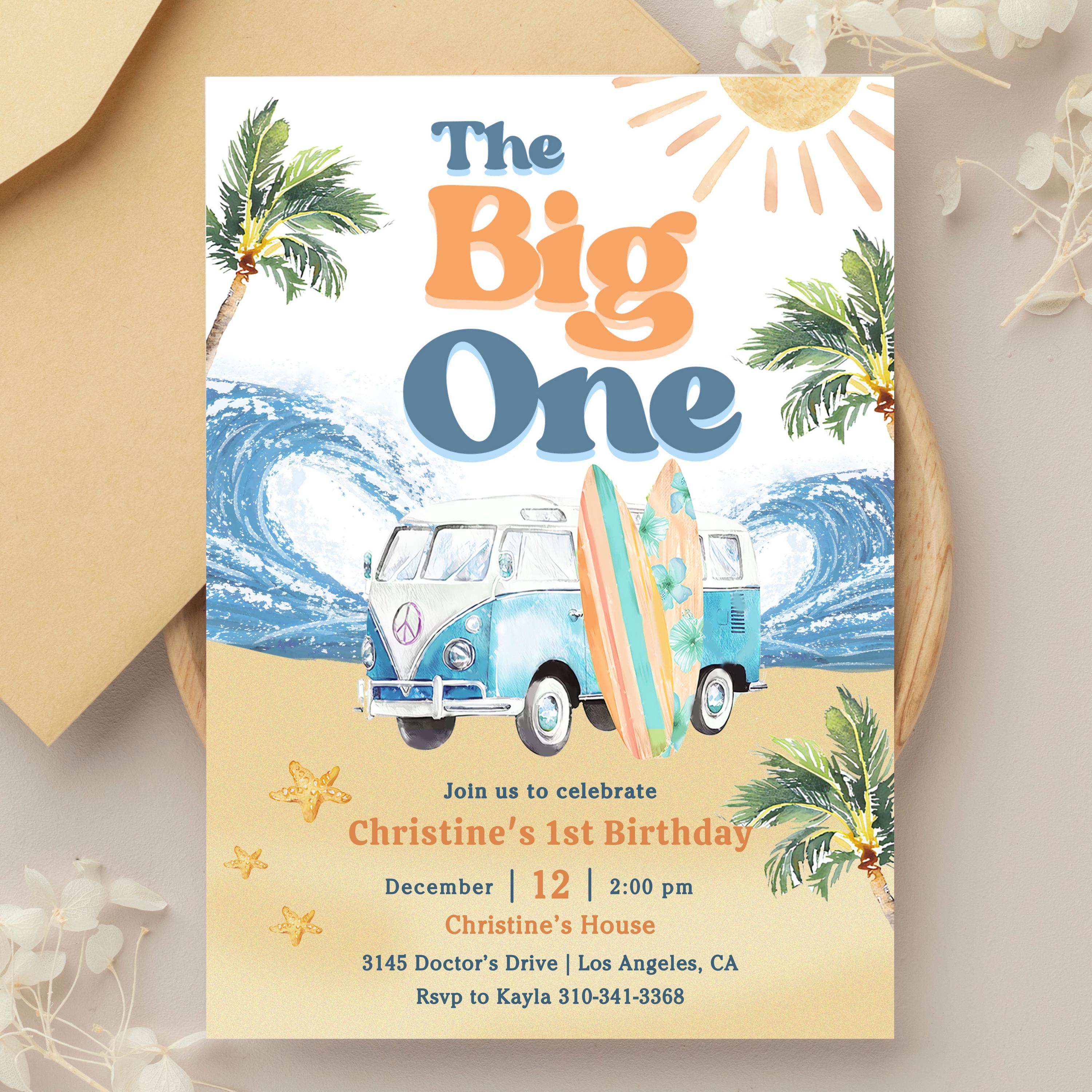 Editable Boy The Big One Surfing 1st Birthday Party Invitation Retro Boy Surf Van Surfboard Beach Party Invite Instant Download 661K3 (6)
