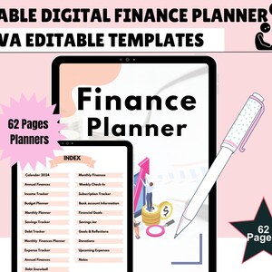 Könnte beinhalten: Digitaler Finanzplaner mit dem Text "Finance Planner" auf einem Tablet-Bildschirm. Ein kleinerer Bildschirm zeigt einen Index der Finanzplanungsthemen an. Ein Stift und ein Stern mit "62 Pages" sind ebenfalls abgebildet. Der Hintergrund ist rosa.