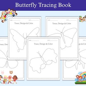 Könnte beinhalten: Ein Schmetterling-Malbuch mit mehreren Seiten mit Schmetterlingsumrissen zum Nachzeichnen, Gestalten und Ausmalen. Jede Seite hat Platz für Namen und Datum. Das Buch ist für Kinder konzipiert.