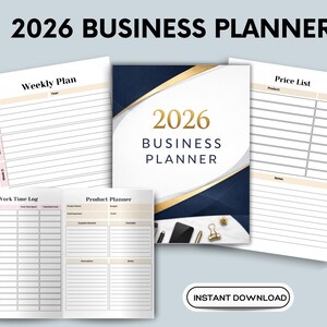 Könnte beinhalten: Ein 2026 Business Planner mit marineblauem und goldenem Einband. Das Bild zeigt den Planer geöffnet auf verschiedenen Seiten, darunter ein Wochenplan, eine Preisliste, ein Arbeitszeitprotokoll und ein Produktplaner. Der Text "Sofort-Download" ist ebenfalls sichtbar.