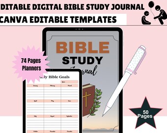 May include: Digital Bible study journal with Canva editable templates. The image shows a tablet and a smaller device displaying the journal's pages. A pen is positioned diagonally across the image. The journal has 74 pages of planners and 50 pages.