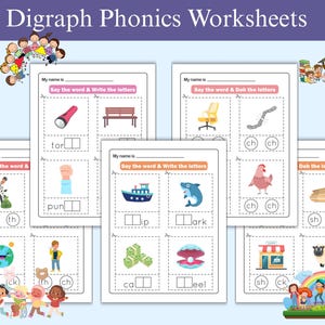 Könnte beinhalten: Eine Sammlung druckbarer Arbeitsblätter zur Phonetik von Digraphen mit farbenfrohen Illustrationen. Jedes Arbeitsblatt enthält Bilder und Aufforderungen zum Schreiben und Identifizieren von Digraphen. Der Titel "Digraph Phonics Worksheets" wird oben angezeigt.