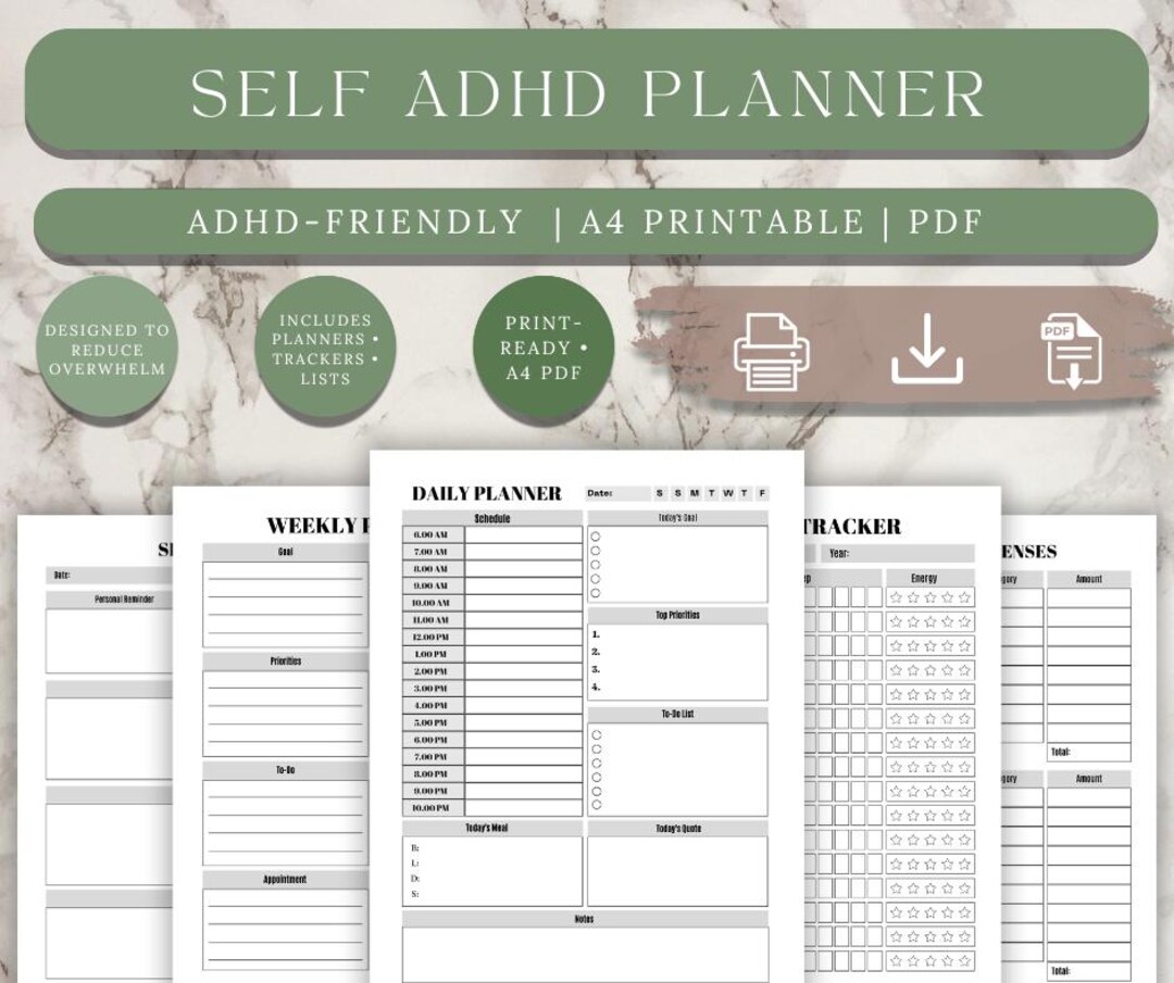 ADHD Planner Printable, Daily Focus Tracker, Mental Health Organizer ...