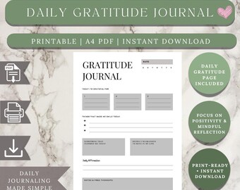Gratitude Journal Printable, Daily Reflection Page PDF, A4 Self-Care Template, Undated, Instant Download