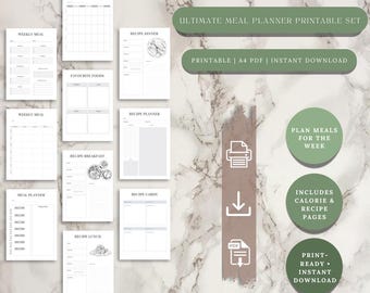 Weekly Meal Planner Printable, A4 Food Tracker, Recipe Organizer (Digital Download)