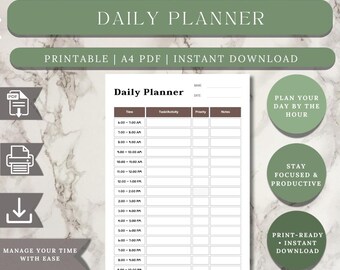 Daily Planner Printable PDF, Hourly Schedule Template, A4 Time Block Sheet for GoodNotes & iPad