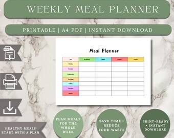 Weekly Meal Planner Printable, Pastel A4 Layout (PDF)