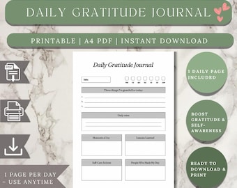 Daily Gratitude Journal, Printable Reflection PDF (A4)