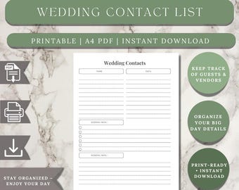 Wedding Vendor Contact List Printable, A4 PDF (Instant Download)