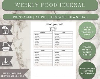 Printable Food Journal, Weekly Meal Tracker, A4 PDF (Instant Download)