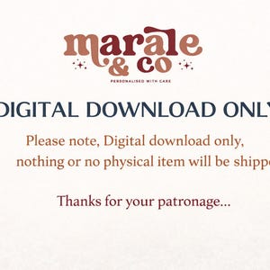 Pu&ograve; includere: Sfondo color crema con il testo "marale & co" in lettere marroni e rosse. Il testo "DIGITAL DOWNLOAD ONLY" &egrave; in blu navy. &Egrave; incluso anche il testo "Please note, Digital download only, nothing or no physical item will be shipped. Thanks for your patronage..."