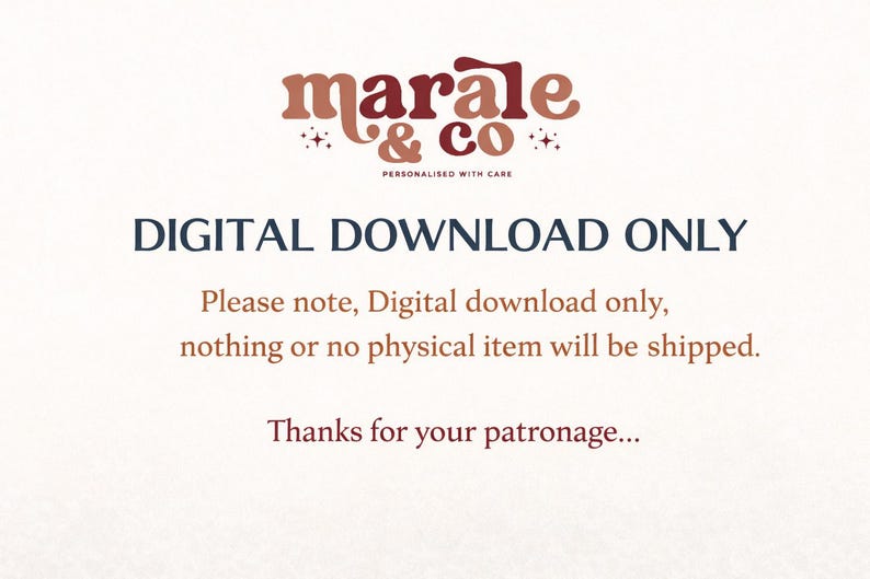 Pu&ograve; includere: Sfondo color crema con il testo "marale & co" in lettere marroni e rosse. Il testo "DIGITAL DOWNLOAD ONLY" &egrave; in blu navy. &Egrave; incluso anche il testo "Please note, Digital download only, nothing or no physical item will be shipped. Thanks for your patronage..."