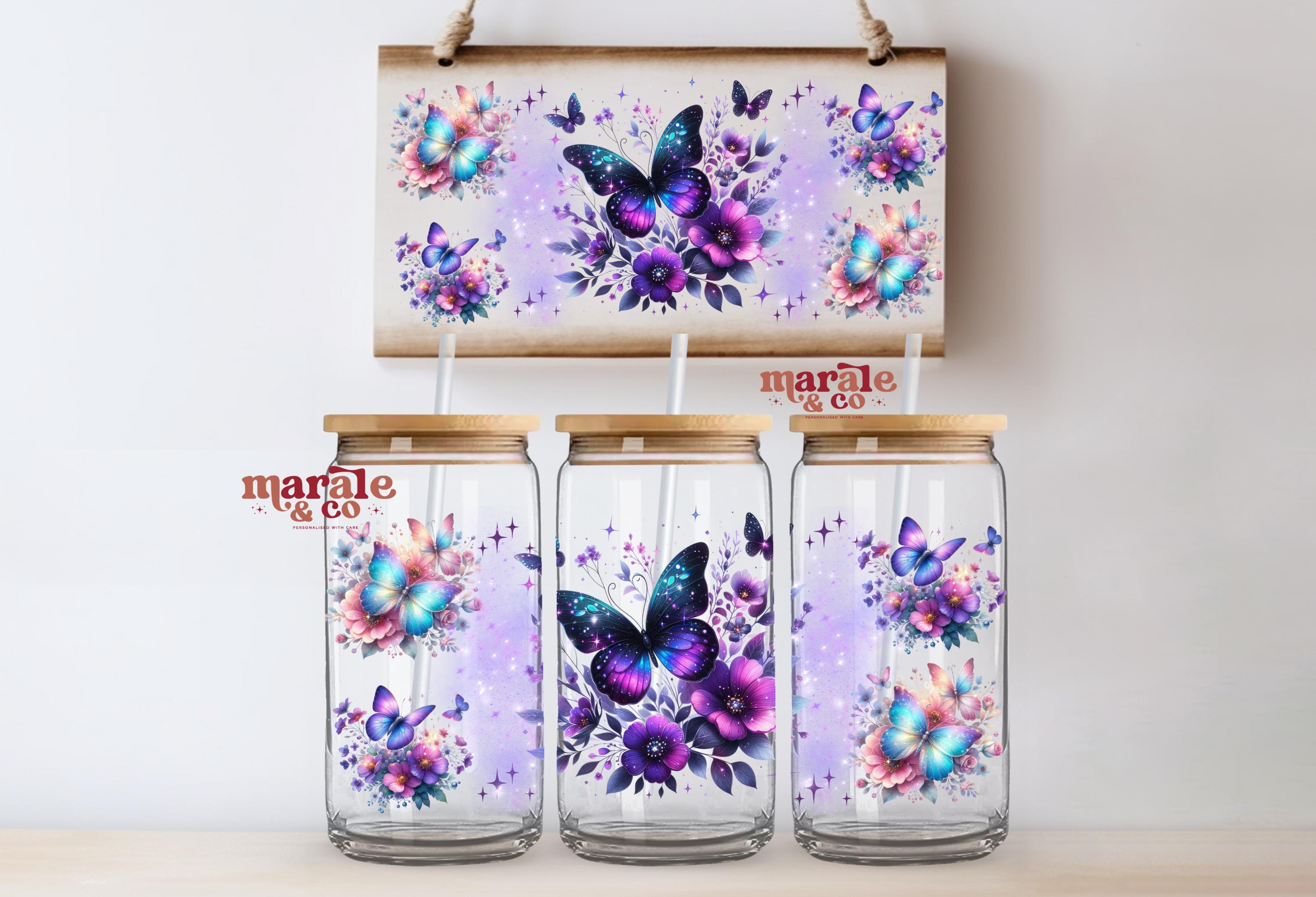 Butterfly Libbey Glass Can Wrap PNG– Purple Floral 16oz Design. Digital ...