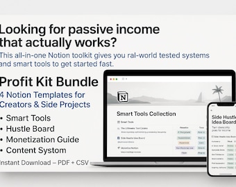 Profit Kit Mega Bundle – 4 Notion Templates for AI & Passive Income | AI Tools + Prompts + Monetize Guide + Side Hustles | Instant Download