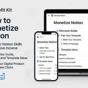 Puede incluir: Imagen de un smartphone y un portátil que muestran las palabras "Monetize Notion". La pantalla del teléfono muestra consejos de ventas e ideas de plantillas. La pantalla del portátil muestra una guía.