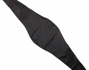 May include: A long, black, tapered storage bag with a wide, rounded center section and narrow ends. The bag is constructed from a smooth, flexible material and features a visible zipper closure along the top edge, extending the full length.