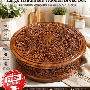Hand Carved Wooden Bread Box, Rustic Floral Roti Storage Kitchen Organizer