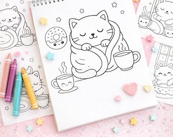 Puede incluir: Un cuaderno para colorear con dibujos de gatos, tazas de café y donuts. Las imágenes son en blanco y negro. La imagen incluye crayones y estrellas decorativas. El texto "Süße Katzen Ausmalbilder Zum Ausdrucken" es visible.