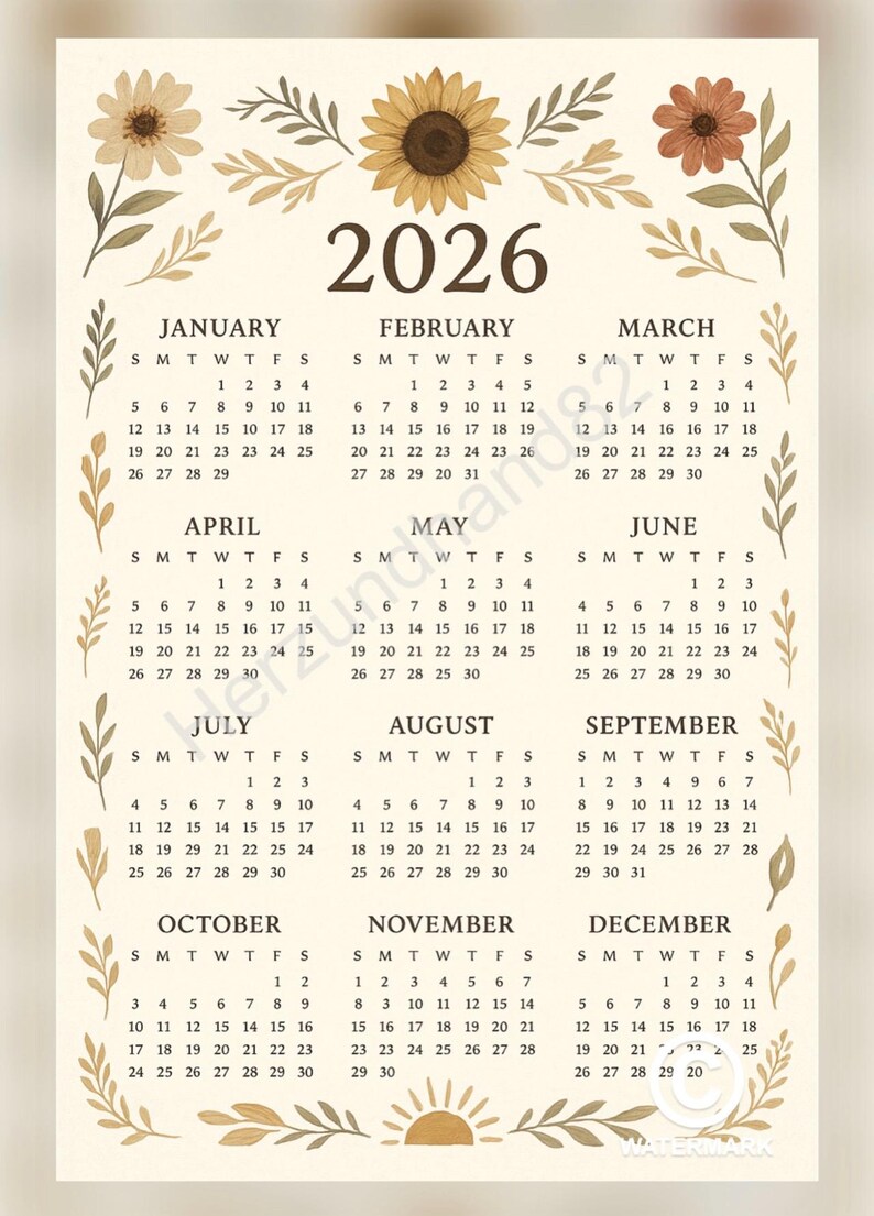 Calendário Anual para Imprimir 2026 – Flores Vintage A4 PNG ...