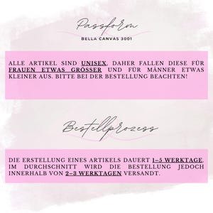 Może przedstawiać: Obraz z tekstem w języku niemieckim. Tekst zawiera "Passform" i "BELLA CANVAS 3001". Dodatkowy tekst wyjaśnia rozmiary unisex, z przedmiotami pasującymi nieco większym dla kobiet i mniejszym dla mężczyzn. Wspomina r&oacute;wnież czas tworzenia 1-5 dni roboczych.