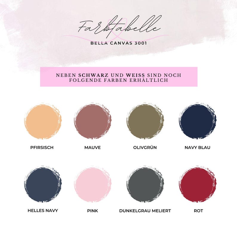 K&ouml;nnte beinhalten: Farbkarte f&uuml;r Bella Canvas 3001 mit einer Vielzahl von Farben. Die Karte enth&auml;lt Farbt&ouml;ne wie Pfirsich, Mauve, Olivgr&uuml;n, Marineblau und Rosa. Der Text oben lautet "Farbtabelle" und "Bella Canvas 3001".
