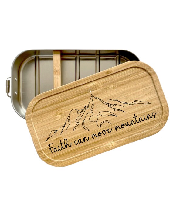 Christian Lunch Box: White Tin with Bamboo Lid, "Faith" Design