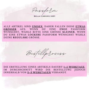 K&ouml;nnte beinhalten: Eine rosa Grafik mit dem Text "Passform" und "BELLA CANVAS 3001". Der Text unten erkl&auml;rt die Gr&ouml;&szlig;e von Unisex-Artikeln. Der untere Abschnitt gibt an, dass die Erstellungszeit 1-5 Werktage betr&auml;gt, in der Regel 2-3.