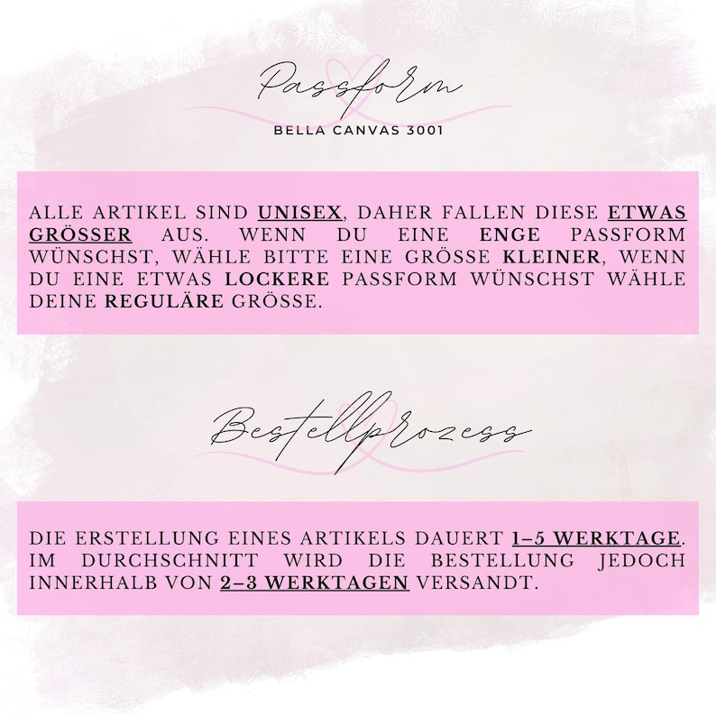 K&ouml;nnte beinhalten: Eine rosa Grafik mit dem Text "Passform" und "BELLA CANVAS 3001". Der Text unten erkl&auml;rt die Gr&ouml;&szlig;e von Unisex-Artikeln. Der untere Abschnitt gibt an, dass die Erstellungszeit 1-5 Werktage betr&auml;gt, in der Regel 2-3.