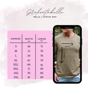 Może przedstawiać: Tabela rozmiar&oacute;w dla koszulek Bella + Canvas 3001, z wymiarami w centymetrach. Tabela zawiera rozmiary od S do 5XL, z odpowiednimi wymiarami szerokości i długości. Smartfon wyświetla osobę w zielonej koszulce.