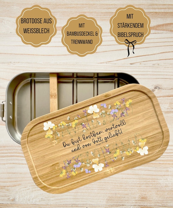 Christian Lunchbox: Tin Metal & Bamboo Lid with Bible Verse