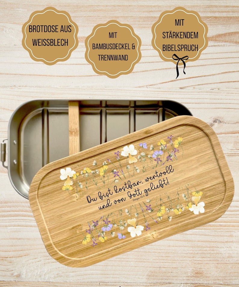 Christian Lunchbox: Tin Metal & Bamboo Lid with Bible Verse image 1