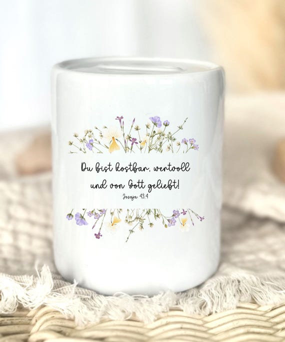Keramik Spardose „Du bist kostbar, wertvoll & von Gott geliebt“ | Christliches Geschenk | Geldgeschenk Bibelvers